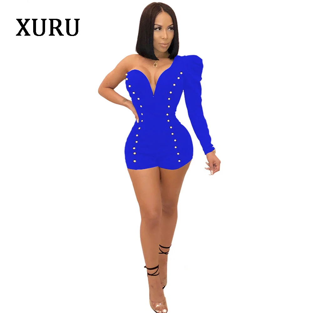 XURU One Shoulder Women Jumpsuit Rompers Long Sleeve One Sleeve Beading V-Neck Solid Rompers Blue Green Black Womens Overalls
