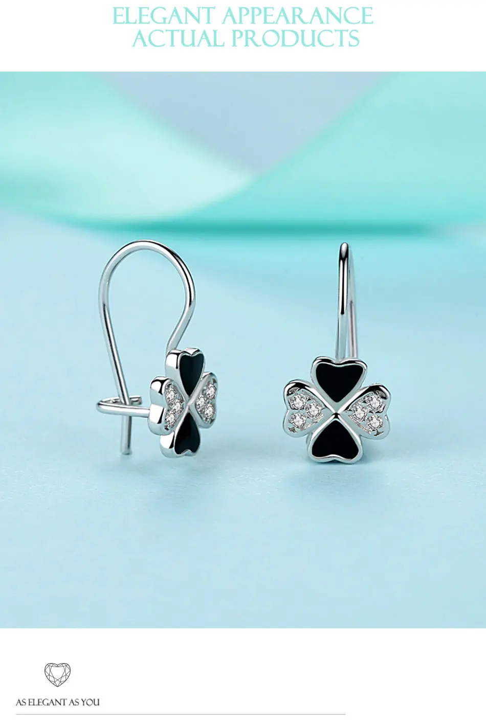 Wholesale 925 Sterling Silver Hoop Earrings Black Enamel Four-leaf clover Hoop Earrings For Women Silver Jewelry Gift