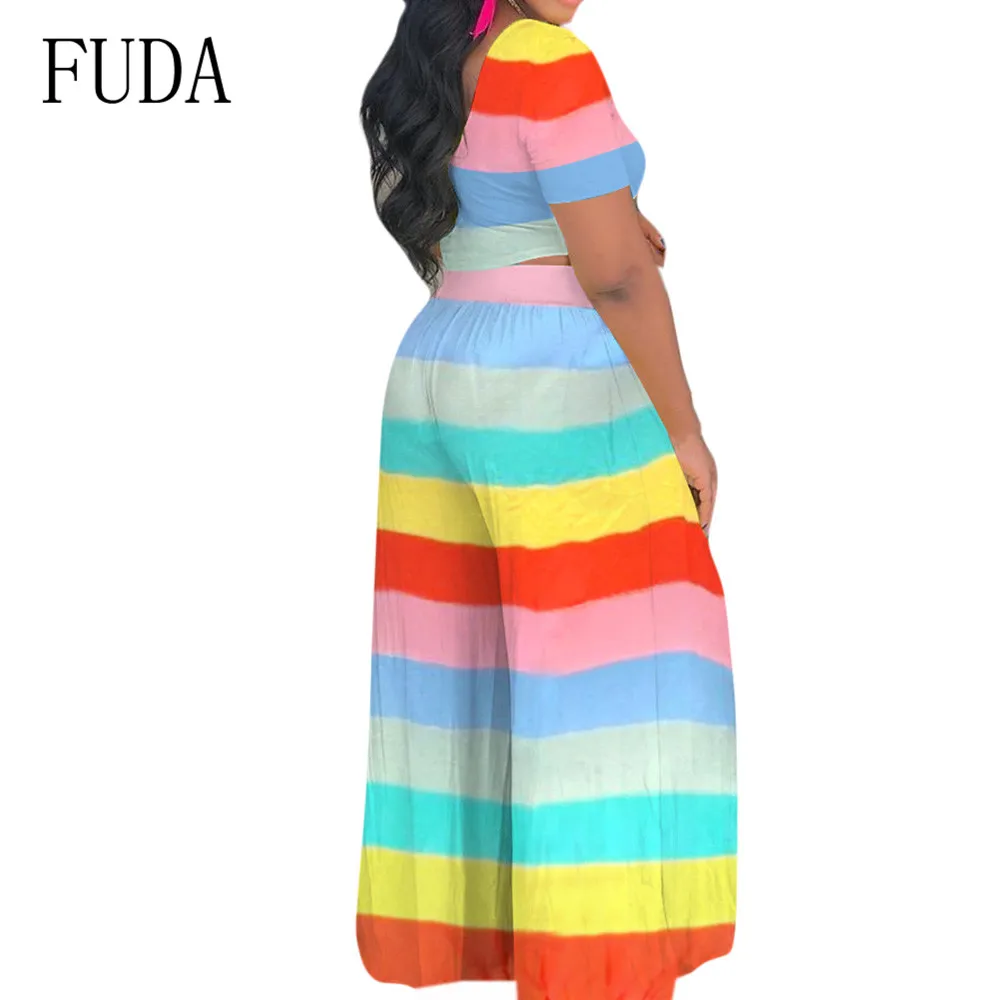 FUDA Two Pieces Sets Striped Wide Leg Jumpsuits Elegant O-neck Short Sleeve Top and Loose Pants Women Summer Casual Bodysuits FUDA Two Pieces Sets Striped Wide Leg Jumpsuits Elegant O-neck Short Sleeve Top and Loose Pants Women Summer Casual Bodysuits