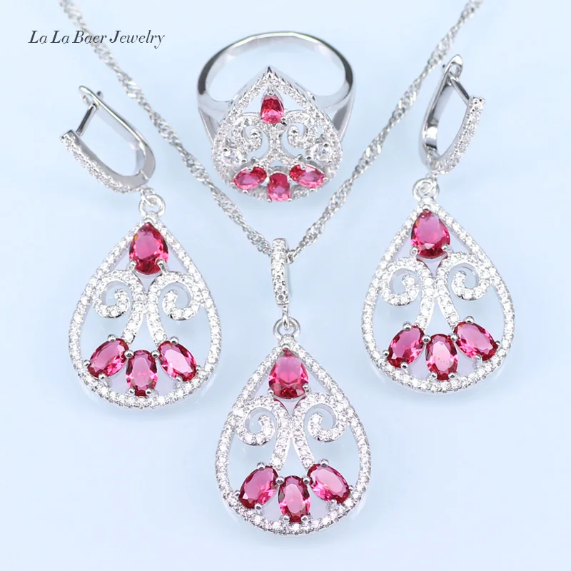 

L&B Dubai Simple Style Rose Red Craeted Garnet White Crystal Silver Color Wedding Jewelry Sets For Women Engagement