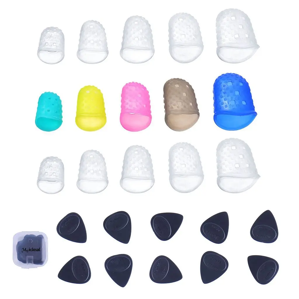 BMDT-Meideal 15 Pieces Clear and Color Silicone Guitar Fingertip Protectors in 5 Sizes(L/ M/ S/ XS/ XXS)and 10 Pieces Guitar P