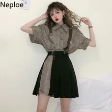 Neploe/корейский Ретро облегающий Женский комплект с отложным воротником, клетчатый топ с коротким рукавом, однотонная приталенная юбка с карманами, Модный комплект 45441 Neploe/корейский Ретро облегающий Женский комплект с отложным воротником, клетчатый топ с коротким рукавом, однотонная приталенная юбка с карманами, Модный комплект 45441