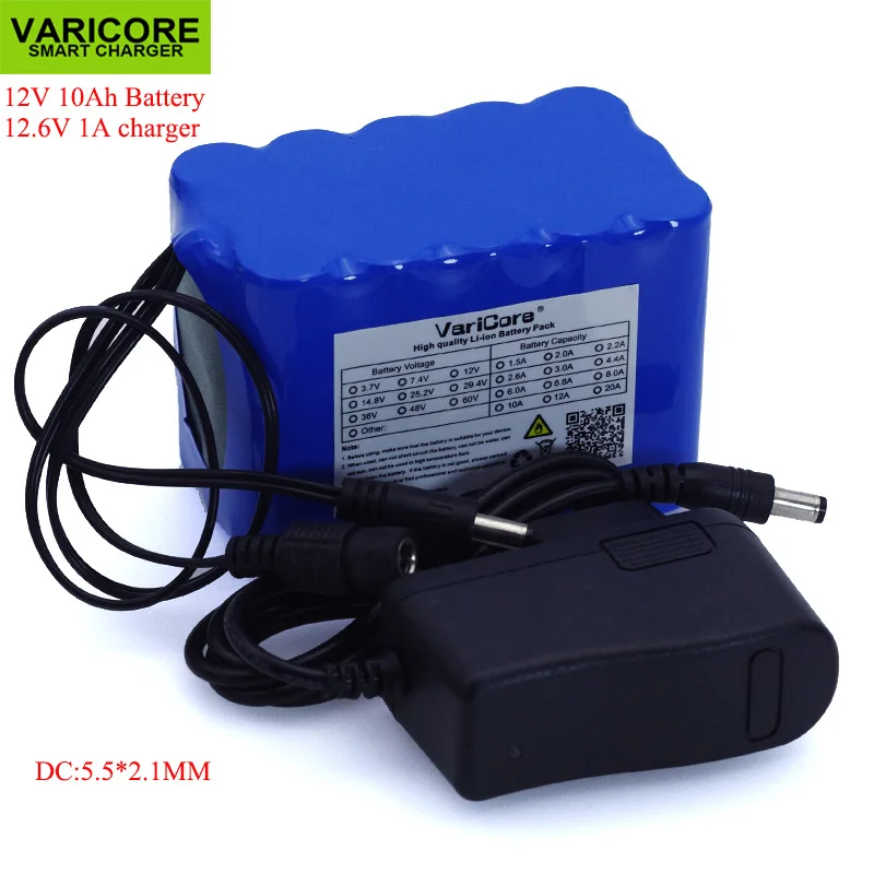 VariCore 12 V 10Ah 18650 li-lon аккумулятор 12,6 V 10000 mAh с BMS печатной платой DC 5,5*2,1 мм+ 1A зарядное устройство