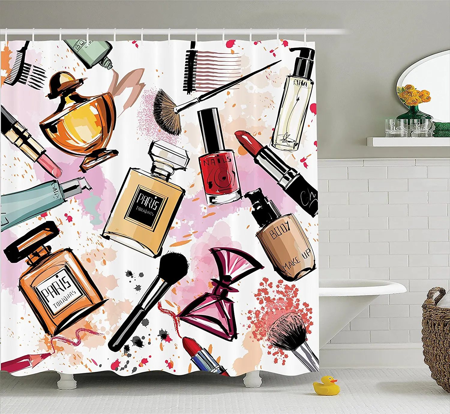 

Girly Decor Shower Curtain Set Cosmetic and Make Up Theme Pattern with Perfume and Lipstick Nail Polish Brush Modern City