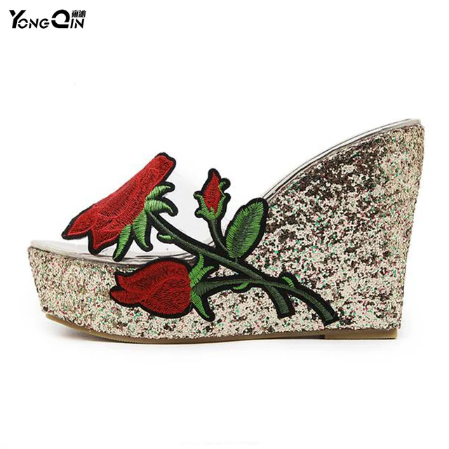 New Rose Women Sandals 2017 Fashion Transparent Sandals High Heels Pumps Shoes Wedges Thick Crust Muffin Slippers Shoes