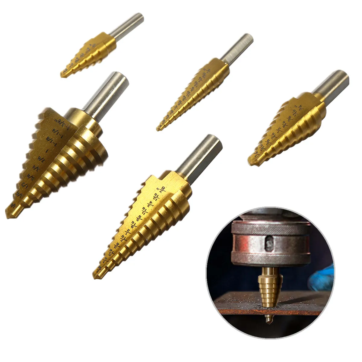 

6Pcs/Set HSS Steel High Speed Steel 4241 Titanium Coated Step Cone Drill Bit Hole Cutter Drilling Tool Gold Reduce Friction Heat