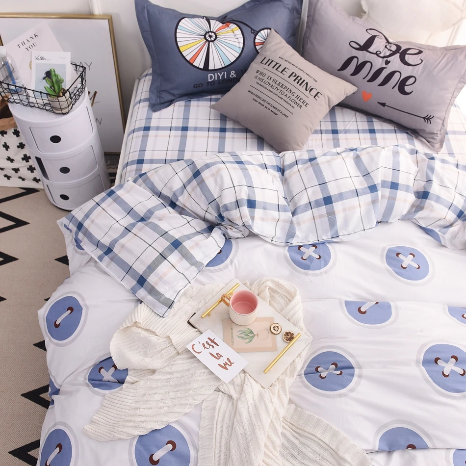 100 Cotton White Duvet Cover with Button Pattern Plaid Bed Sheets Soft
