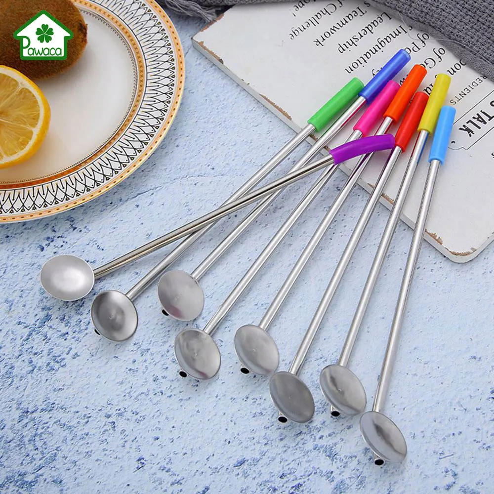 4Pcs Stainless Steel Creative Stir Spoon Straws with Brush Anti scalding silicone head Bend