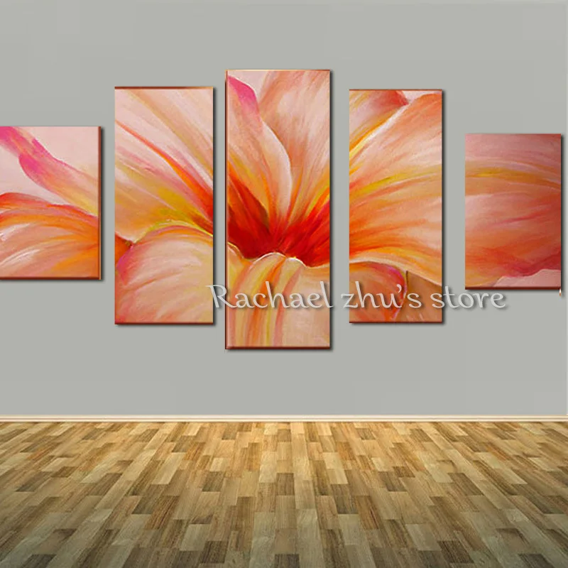 

Modern Hand Painted Abstract Blomming Flower Oil Painting On Canvas 5 Pieces Pink Flower Wall Pictures Living Room Home Decor