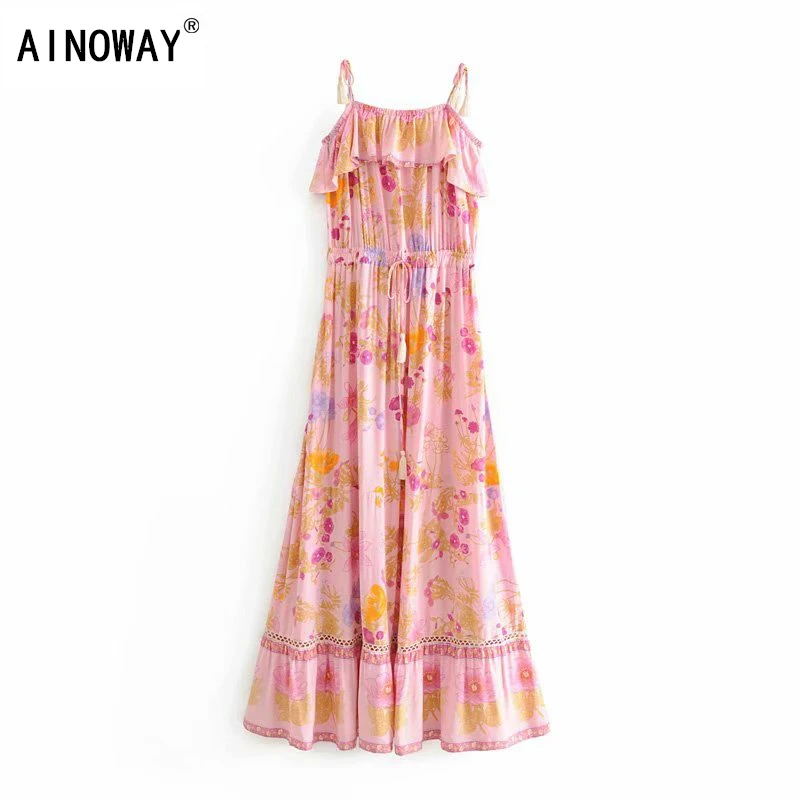 

Boho Chic Summer Vintage Floral Print tassel Midi Strap Dress Women 2019 Fashion drawstring Beach Dresses Vestidos