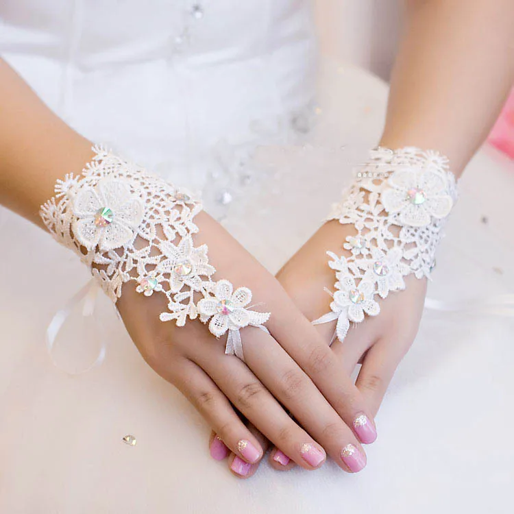 

Lace rhinestone flower girl kid children dancing performance wedding party gloves