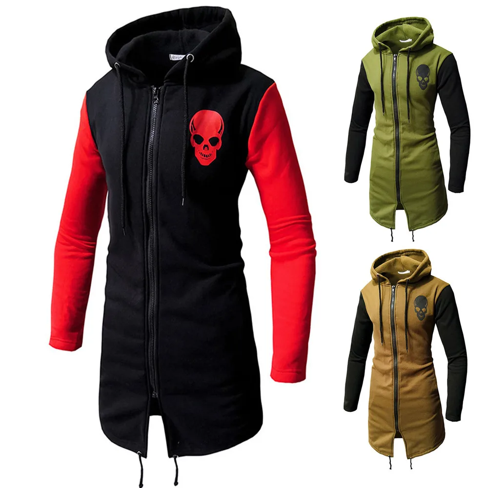 

Long Skull Print Blouse Coat Men's Autumn Winter CasualZipper Long Sleeve Top Jacket #0816