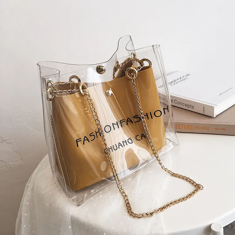 

Girl 2019 New Summer Ocean Transparent Jelly Single Shoulder Bag Fashion Chain Bucket Handbags for Women Holiday Messenger Bags