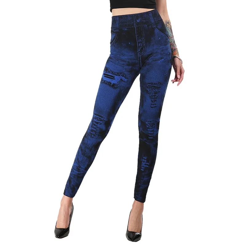 Sfit женские леггинсы для спортзала, искусственная лосины из джинсовой ткани, леггинсы с карманами и принтом, повседневные узкие брюки с высокой талией, большие размеры, штаны для йоги - Цвет: dark blue