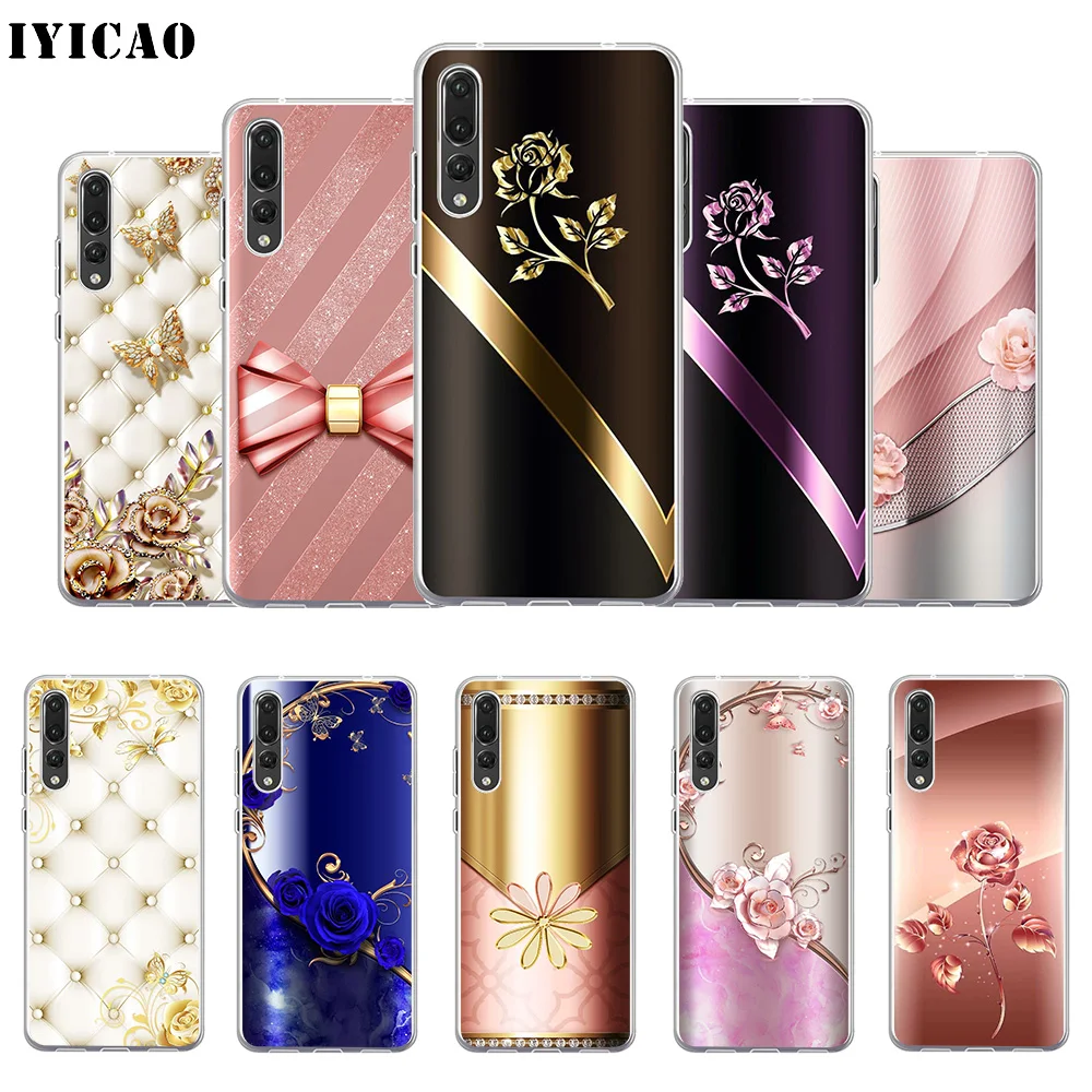 

IYICAO Artistic pink gold roses print Soft Silicone Phone Case for Huawei P30 P20 Pro P10 P9 P8 Lite P Smart TPU Cover