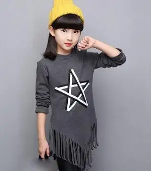 Spring Teenagers T-Shirts Tassel Girls Tops Tee Long Sleeve 8 10 12 13 Years Clothes For Girl School Kids Fashion Clothing - Цвет: Серый