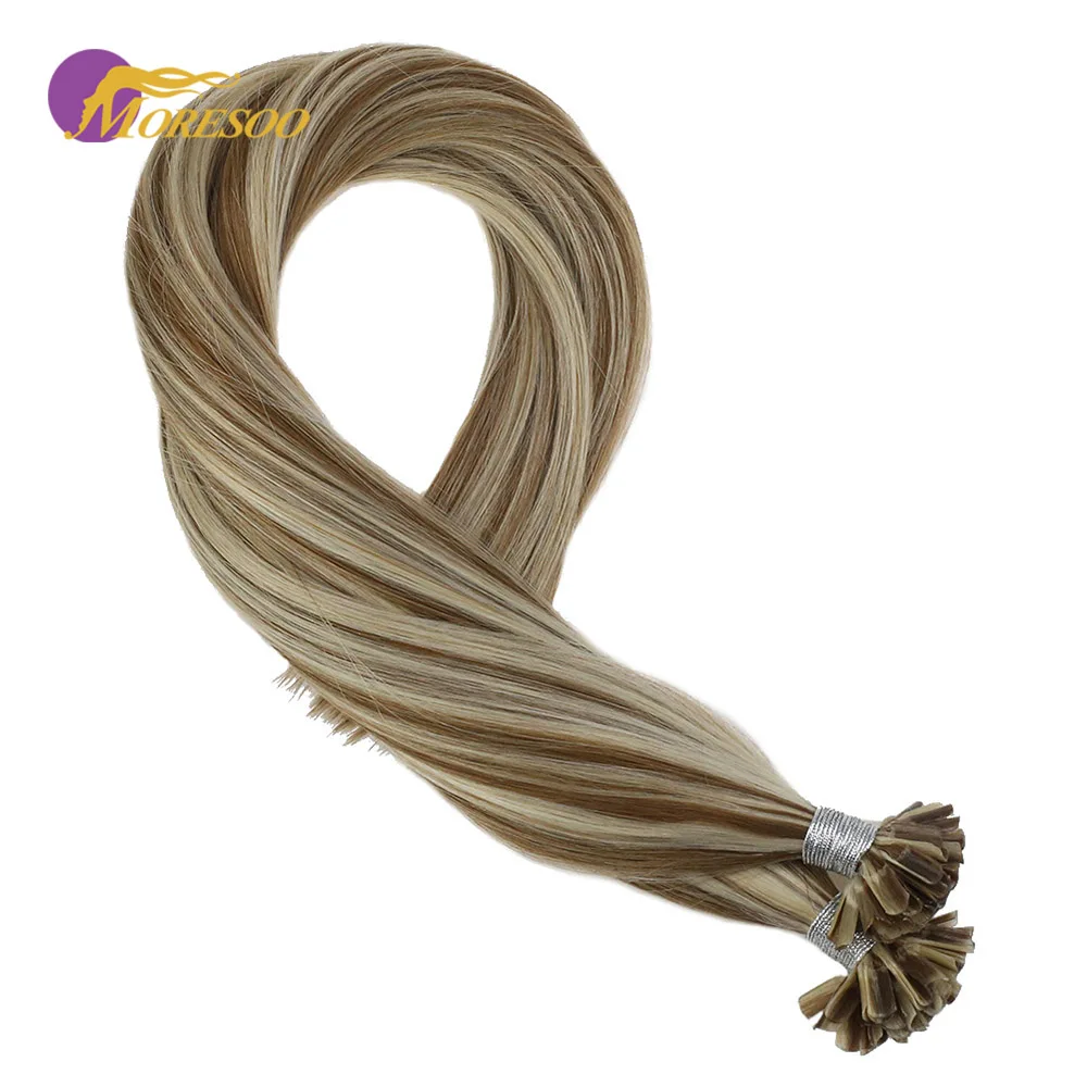

Moresoo Nail/U Tip Hair Extensions Remy Human Hair Keratin Hair Extensions Color #17 Blonde Mixed with #613 Bleach Blonde 50g