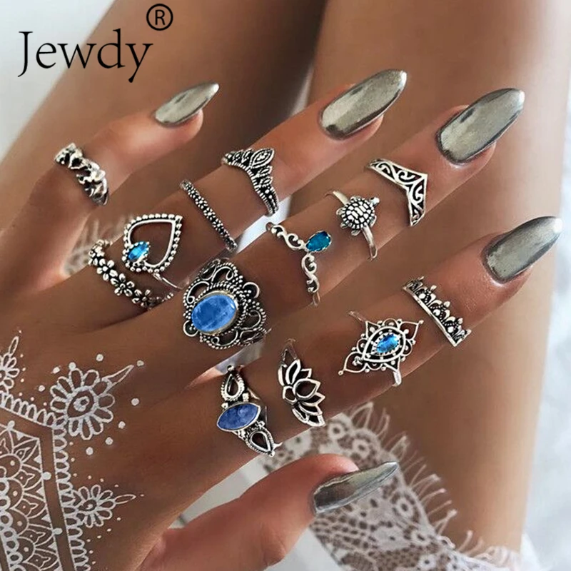 

13 PCS/SET Vintage Elephant Turtle Crystal Crown Rings Set for Women Lotus Heart Midi Knuckle Rings Party Jewelry Gifts New