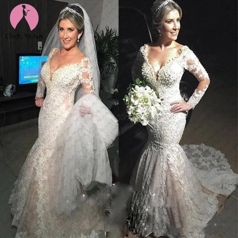 Vestido De Noiva 2019 Сексуальная Иллюзия Винтаж кружева свадебное платье-русалка длинный рукав, аппликация вуаль, Свадебные платья Китай Casamento