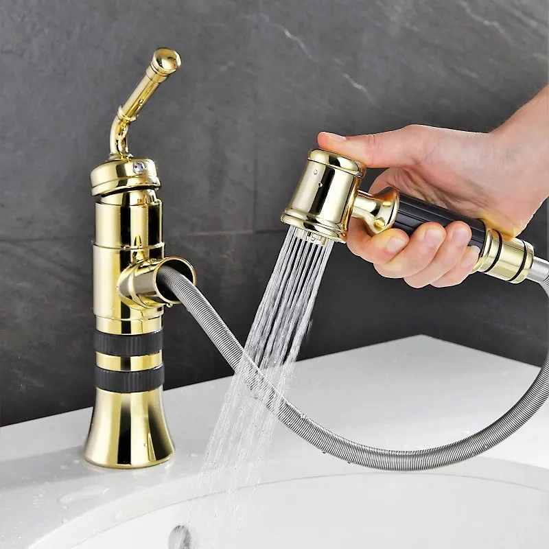 

Bathroom Basin Faucets Brass Hot & Cold Pull Out Spray Nozzle Sink Mixer Tap Single Handle Deck Mounted Lavatory Crane Faucet