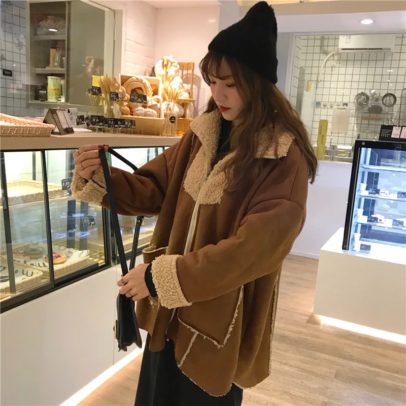 Korean Style Women Fake Fur Jacket Coat 2018 Winter Thick Fleece Lining Long Sleeve Fake Fur Overcoat Black Oversize Outwear