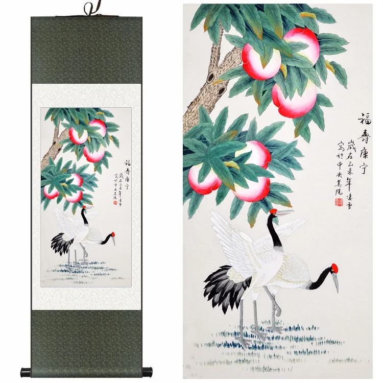 

Chinese Silk traditional ink watercolor flower birds Crane Hok peach canvas wall picture feng shui damask framed scroll painting