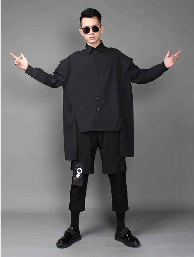 M-XL! Весенняя новая темная серия, свободная Асимметричная рубашка с длинными рукавами, мужская рубашка с имитацией двух длинных мужских рубашек