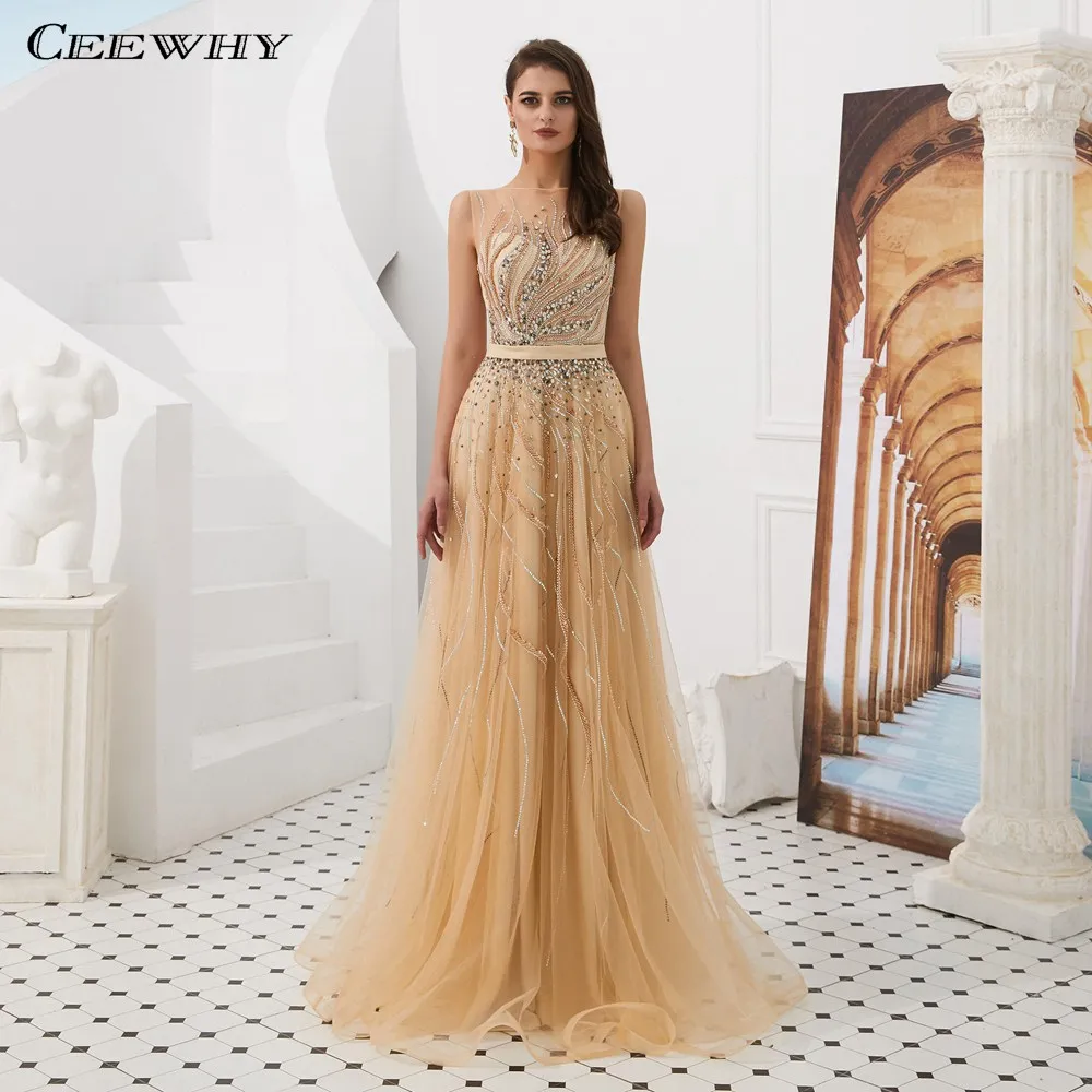 CEEWHY Gold Sequined Prom Gowns Dubai Arabic Evening Dress Robe de