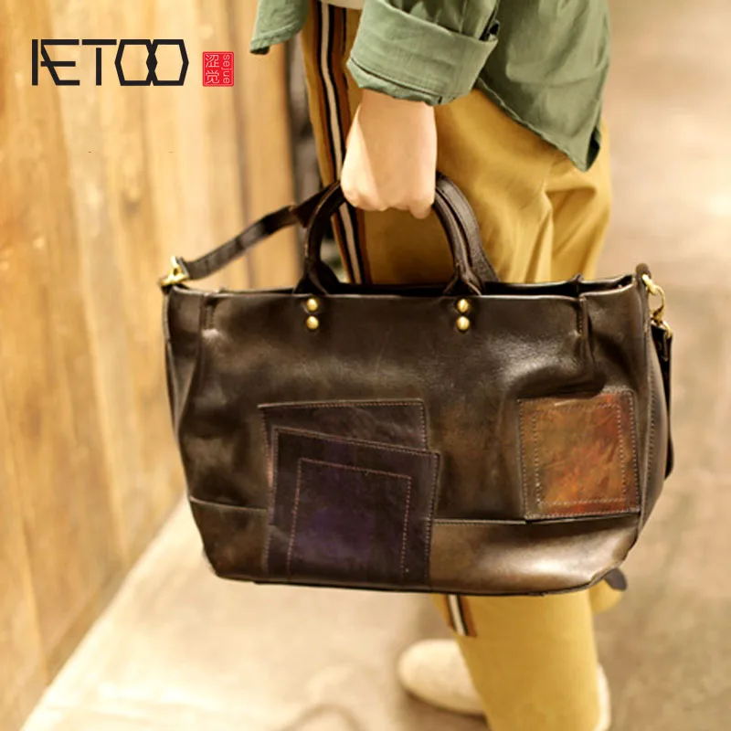 

AETOO New retro first layer cowhide handbag shoulder bag ethnic style with zipper handmade leather large capacity bag