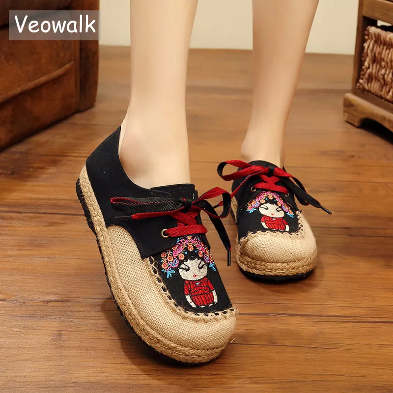 

Veowalk Cartoon Embroidered Women Handmade Linen Cotton Flat Platform Shoes Ladies Lace up Low Top espadrilles Sneakers Shoes