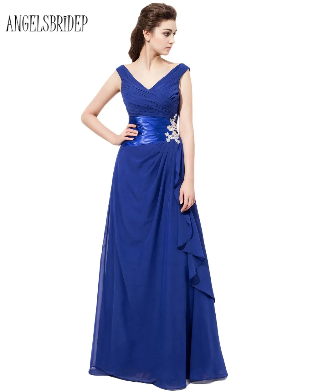 

2017 Royal Blue Bridesmaid Dresses Lace Applique Pleat V Neck Vestido De Festa De Casamento Long Party Dress Formal Gowns