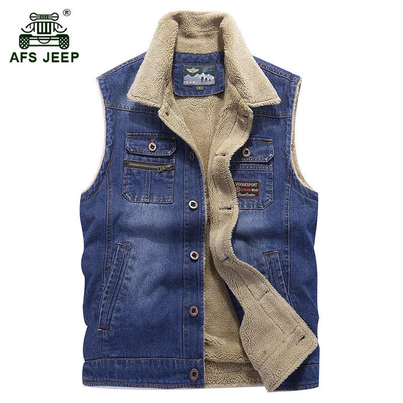 

AFS JEEP 2017 Winter men casual brand fleece warm cowboy vest jacket fashion black coat spring man cotton denim blue vests coats