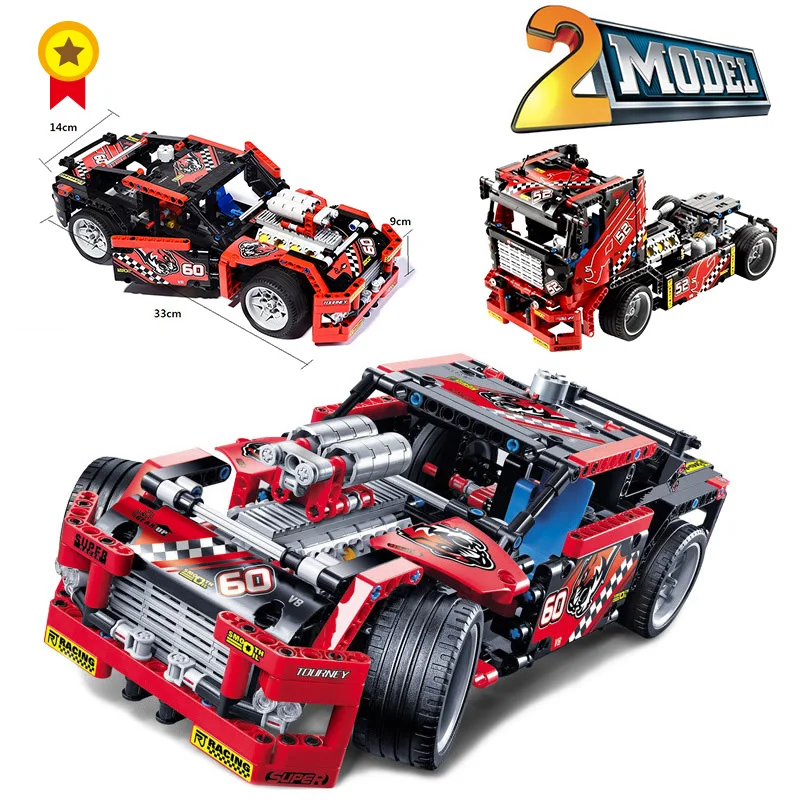 

2 models red Technology Building Blocks truck Mutual transformation Racing car 608 pcs Compatible legoinglys city car toy gift