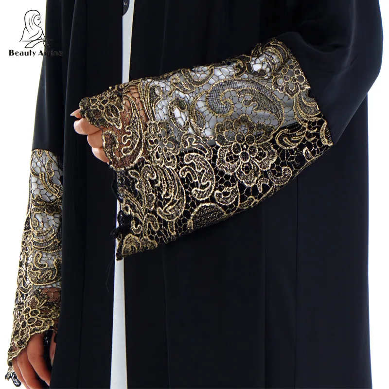 Модные кружевные выдалбливают Дубай мусульманский черный Абая кафтан