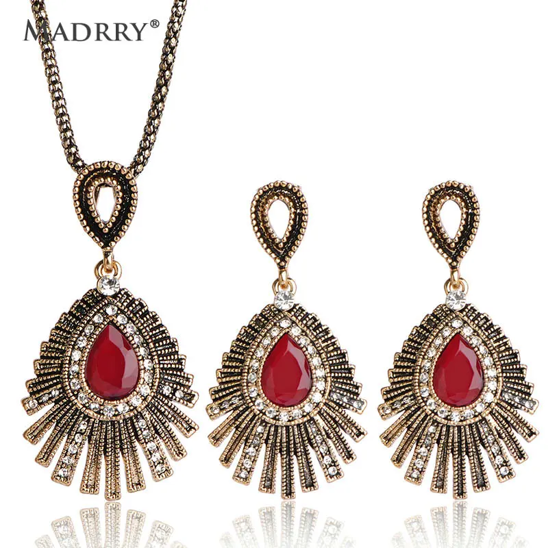 

Vintage Gypsy Ethnic Feather Party Jewelry Sets Pendant Necklace&Earrings Egypt Women Wedding Bijoux Red Green Colar Brincos