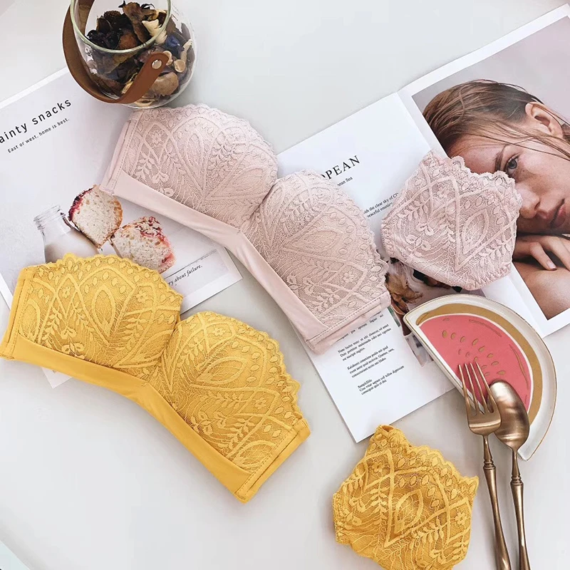 

Hot Sale Lingerie Sexy Women Seamless 1/2 Cup Push Up Underwear pure color bra set yellow girls intimates bra and panty sets