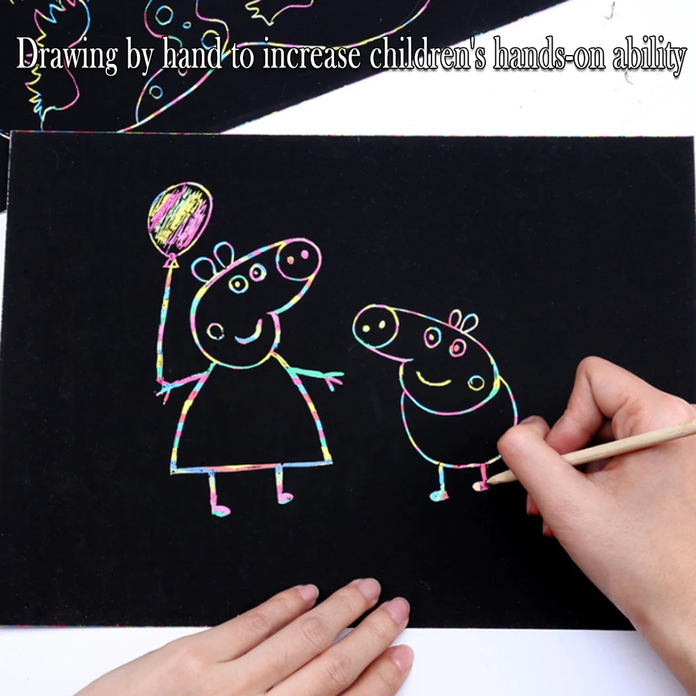 

50pcs Rainbow Scratch Paper Keen Crafts Art Kit Set 5 Wooden Styluses Creaticity Imagination Gift Party Favors for Kid Children