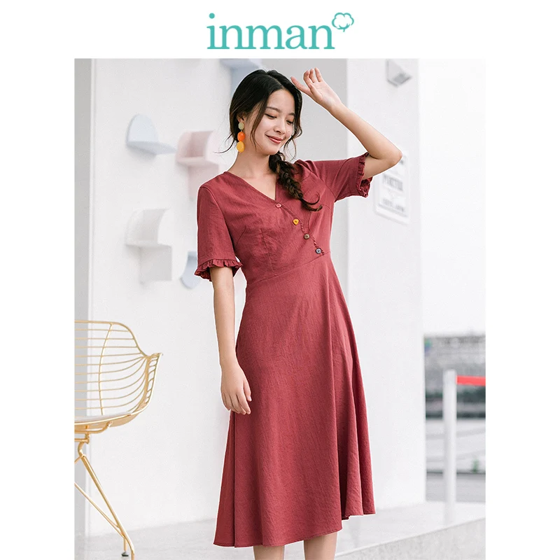 

INMAN 2019 Summer New Arrival Elegant V-neck Colorful Button Defined Waist A-line Romantic Solid Women Dress