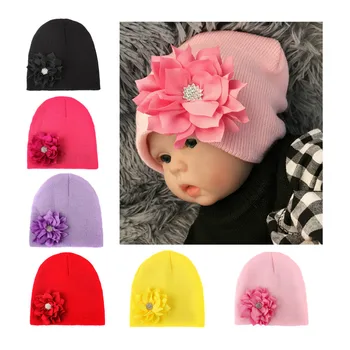 

Brand New Big flower With Shining Rhinestone Baby Girls Hats Knitting Newborn Hats Spring Infant Baby Cap Strip Children's Hats