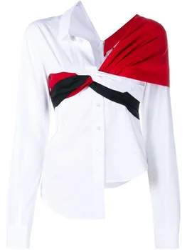

New spring European brand women 11 red white and blue color twist waist long sleeved white shirt blouse