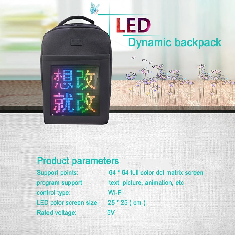 

2018New LED Dynamic Backpack Fashion LED Colorful Screen Bag 64 * 64 Full Color Dot Matrix Screen WiFi LED City Walking Backpack