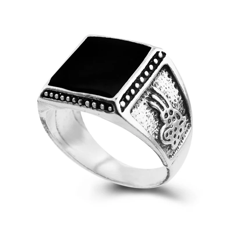 EKUSTYEE Vintage Imitation Square Stone Ring Black Semi precious Stone ...