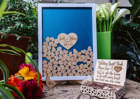 customize engraved Rustic wedding engraved photo Alternative Wooden memory guestbooks with drop box signature guest books