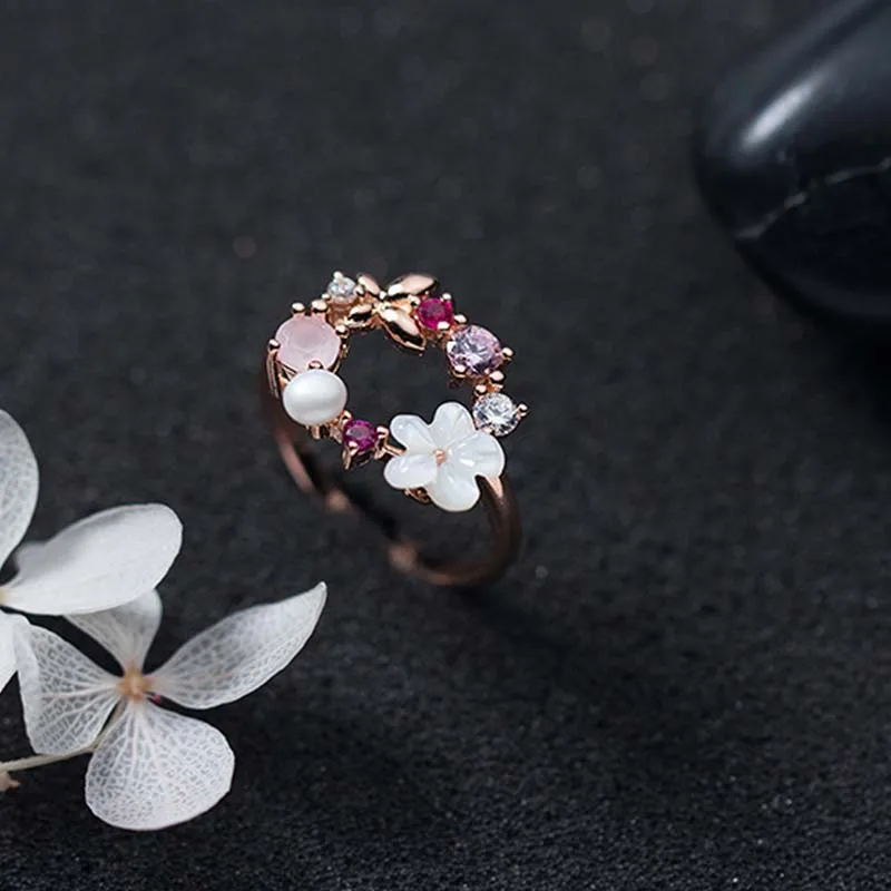 Ракушка цветок кольца из стерлингового серебра 925 для женщин модные ювелирные изделия регулируемый имитация жемчуга открытый обручальное кольцо