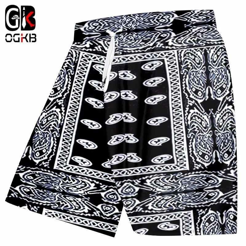 

OGKB Summer Cool Paisley Casual Shorts Men Print Black Bandana 3D Beach Board Shorts Male Workout Fitness Elastic Short Trousers