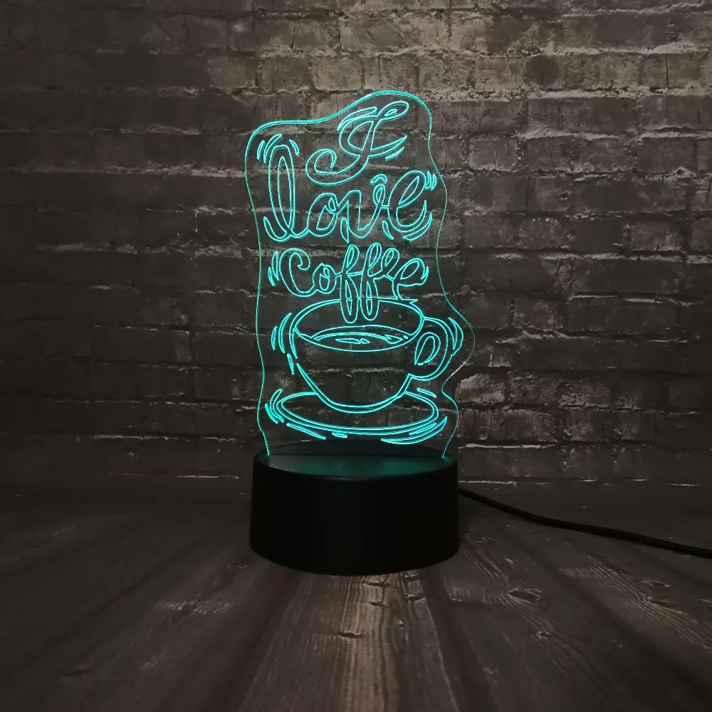 3D светодиодный Светильник-ночник, украшение для кофейни, лампа Love coffee USB, светильник для сна, 7 цветов, сменная USB Сенсорная база, иллюзия, Подарочная игрушка