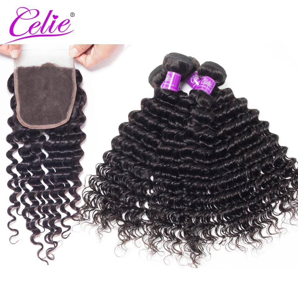 

Celie Hair Brazilian Deep Wave With Closure 5Pcs/Lot 100% Remy Human Hair Weave 4 Bundles With Closure Deal Brazilian Hair