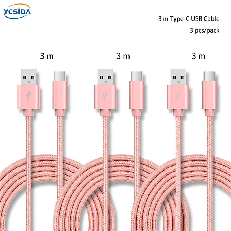 Золото 3 м 3 шт./упак. 5 V 2.4A USB C для передачи данных в нейлоновой Зарядное устройство кабель для samsung S10/LG G6/huawei mate 20/xiao Mi 8/OPPO R17/vivo NEX кабель