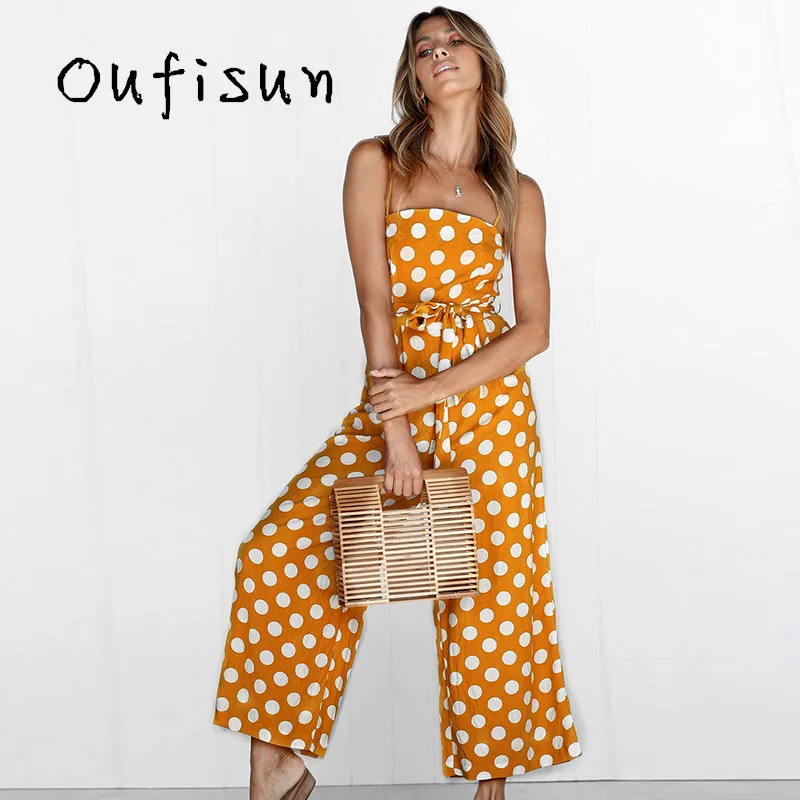 Oufisun Polka Dot Strap Jumpsuit Women Rompers Summer Women Strapless Belted Wide Leg Pants Beach Jumpsuit Casual Overalls Femme Jumpsuits and Playsuits