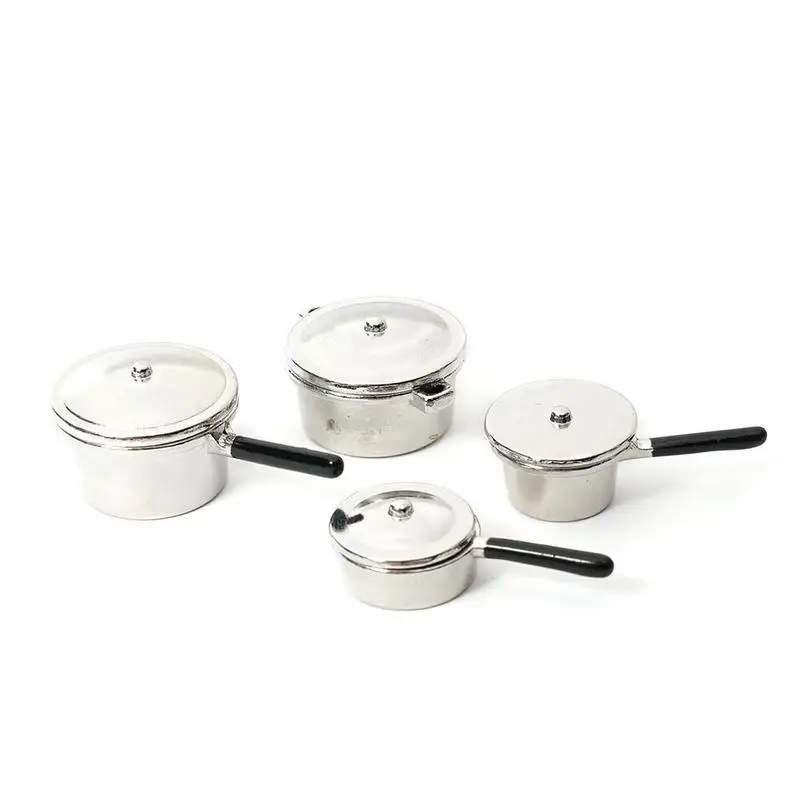 Dollhouse Miniature 1:12 Mini Pot Set Diy Doll House Kitchen Furniture Accessories Red Silver Soup Frying Milk Pan Dropshipping